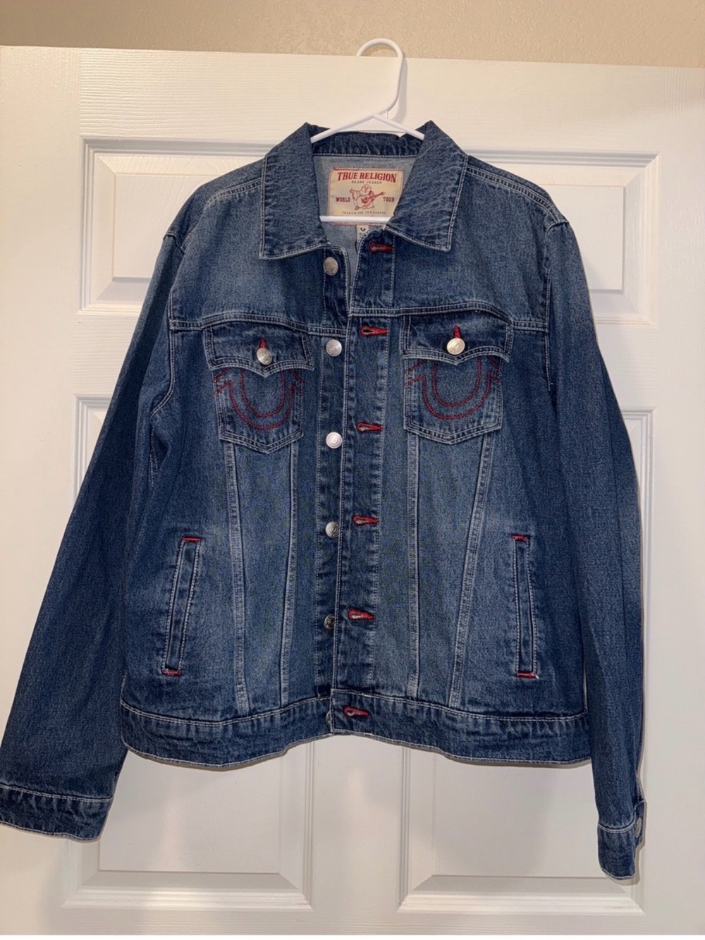 True Religion Blue Denim Jacket with Red Lettering - Picture 3 of 8